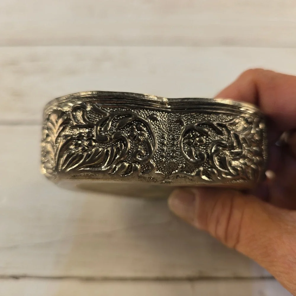 Heritage Mint Silver Tone Heart Shaped Trinket Box Burgundy Velvet Lining Floral